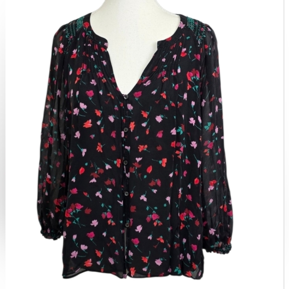 Joie Gontilda 100% Silk Floral V-Neck Blouse Sz M 3/4 Sleeve Lined Boho Feminine